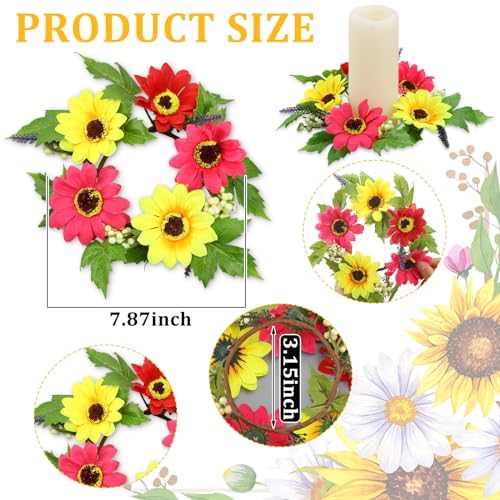 Maysing 4 Pcs Summer Candle Rings Wreaths 3. 15 Inch Center Floral Pillar Candle Rings Artificial Gerbera Daisy Flowers Table Centerpieces Summer Small Wreaths for Tapers Wedding Party - Image 2