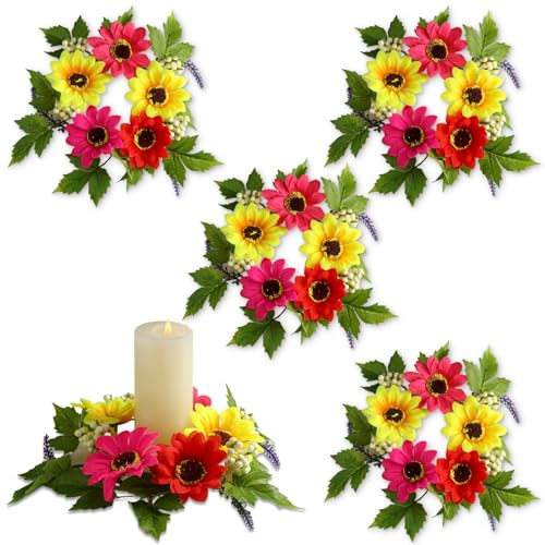 Maysing 4 Pcs Summer Candle Rings Wreaths 3. 15 Inch Center Floral Pillar Candle Rings Artificial Gerbera Daisy Flowers Table Centerpieces Summer Small Wreaths for Tapers Wedding Party - Image 1