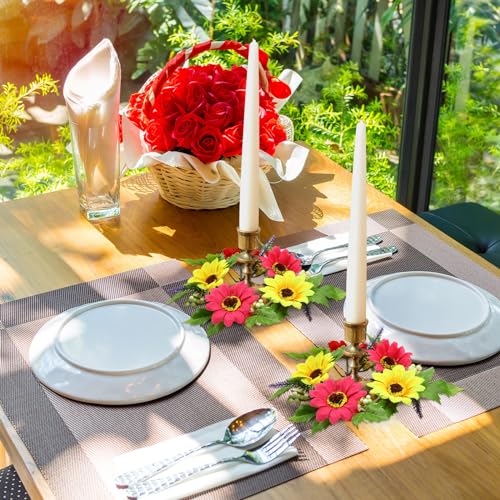 Maysing 4 Pcs Summer Candle Rings Wreaths 3. 15 Inch Center Floral Pillar Candle Rings Artificial Gerbera Daisy Flowers Table Centerpieces Summer Small Wreaths for Tapers Wedding Party - Image 4