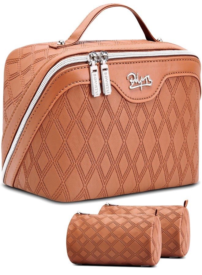 BOYATU Travel Makeup Bag for Women: Large Capacity 3-Piece Quilted Cosmetic & Toiletry Organizer - 2 Detachable Pouches Expand Storage by 50%, Open Flat for Easy Packing, Waterproof PU Leather(Brown) - Image 1
