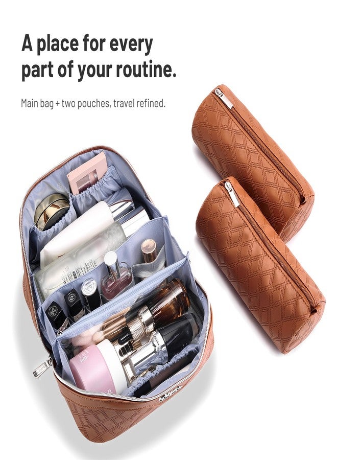 BOYATU Travel Makeup Bag for Women: Large Capacity 3-Piece Quilted Cosmetic & Toiletry Organizer - 2 Detachable Pouches Expand Storage by 50%, Open Flat for Easy Packing, Waterproof PU Leather(Brown) - Image 4