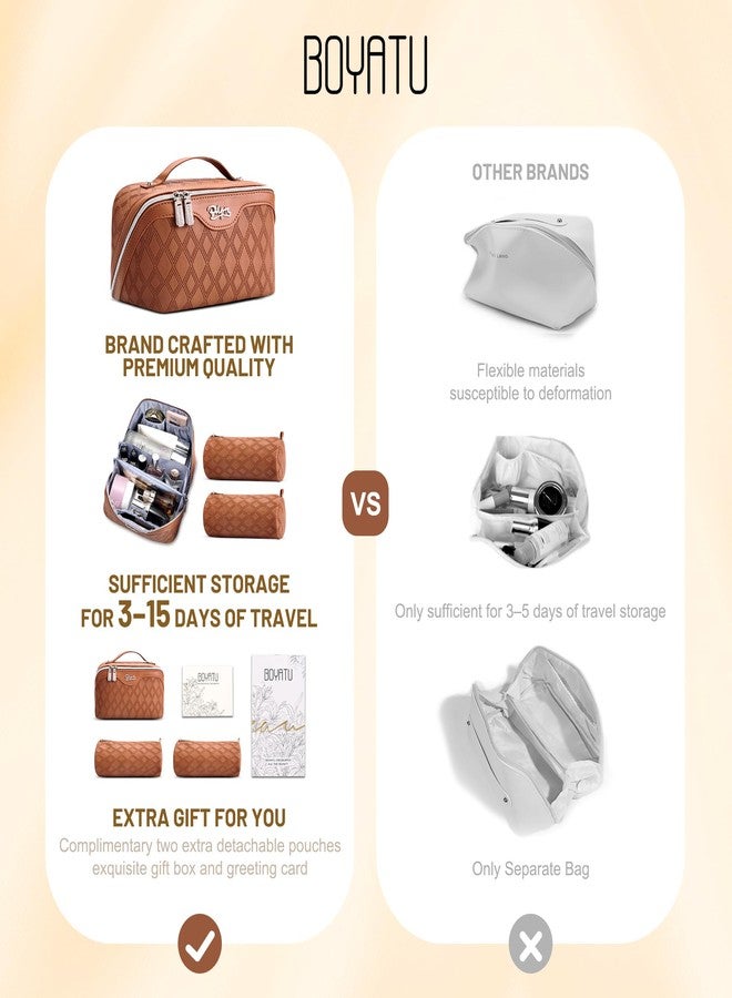 BOYATU Travel Makeup Bag for Women: Large Capacity 3-Piece Quilted Cosmetic & Toiletry Organizer - 2 Detachable Pouches Expand Storage by 50%, Open Flat for Easy Packing, Waterproof PU Leather(Brown) - Image 2