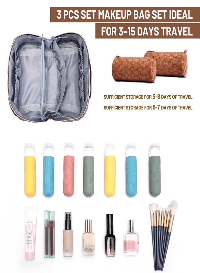 BOYATU Travel Makeup Bag for Women: Large Capacity 3-Piece Quilted Cosmetic & Toiletry Organizer - 2 Detachable Pouches Expand Storage by 50%, Open Flat for Easy Packing, Waterproof PU Leather(Brown) - Image 3