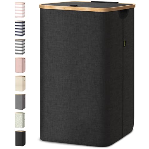BALEINE Laundry Hamper with Lid Tall Laundry Baskets with Bamboo Pull Handles Large Laundry Bin with Internal Support 26Gal100L Carbon Black - Image 1