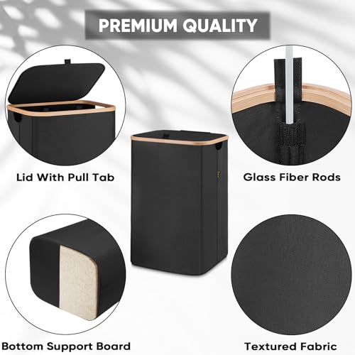 BALEINE Laundry Hamper with Lid Tall Laundry Baskets with Bamboo Pull Handles Large Laundry Bin with Internal Support 26Gal100L Carbon Black - Image 3