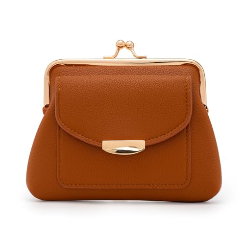 Lavogel Coin Purse With Credit Card Slot, Kiss Lock Coin Purse for Women, Large Capacity Coin Pouch, Change Purse Cute Car Coin Holder for Women (2-Brown) - Image 1