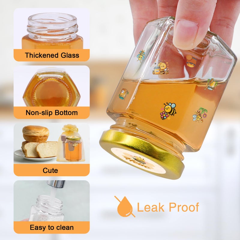 BGraceyy 35 Pack 4 oz Mini Hexagon Glass Honey Jars with Dippers, Gold Lids, Bee Stickers, Bee Charms, Gift Bags & Juteâ€“ Empty Small Honey Jars for Party Favors Bulk, Ideal for Baby Showers ï¼† Weddings - Image 3
