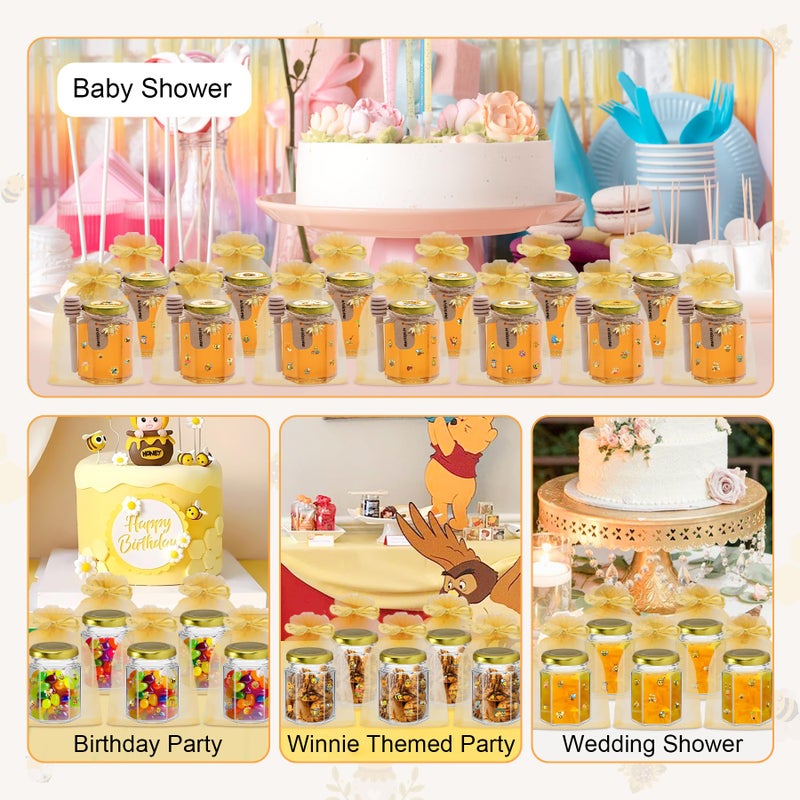 BGraceyy 35 Pack 4 oz Mini Hexagon Glass Honey Jars with Dippers, Gold Lids, Bee Stickers, Bee Charms, Gift Bags & Juteâ€“ Empty Small Honey Jars for Party Favors Bulk, Ideal for Baby Showers ï¼† Weddings - Image 4