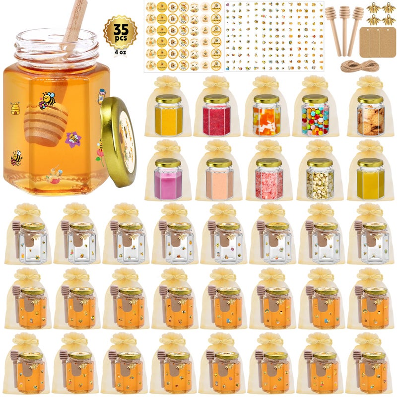 BGraceyy 35 Pack 4 oz Mini Hexagon Glass Honey Jars with Dippers, Gold Lids, Bee Stickers, Bee Charms, Gift Bags & Juteâ€“ Empty Small Honey Jars for Party Favors Bulk, Ideal for Baby Showers ï¼† Weddings - Image 1