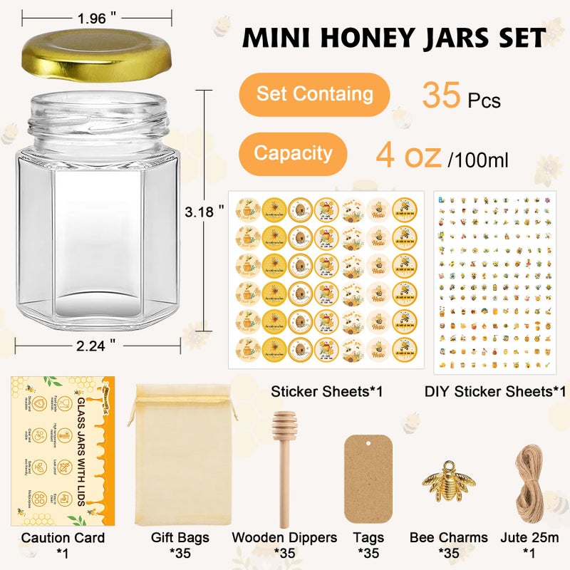 BGraceyy 35 Pack 4 oz Mini Hexagon Glass Honey Jars with Dippers, Gold Lids, Bee Stickers, Bee Charms, Gift Bags & Juteâ€“ Empty Small Honey Jars for Party Favors Bulk, Ideal for Baby Showers ï¼† Weddings - Image 2