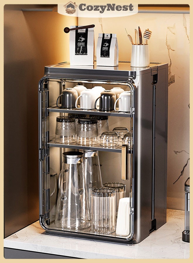 كوزينيست حامل أكواب وأطباق قابل للطي لسطح المطبخ، منظم أكواب القهوة والأوعية مع حامل تجفيف، حامل أكواب الشاي والكؤوس المقاومة للغبار، حامل أطباق وأكواب قابل للطي وموفر للمساحة أسود - Image 1