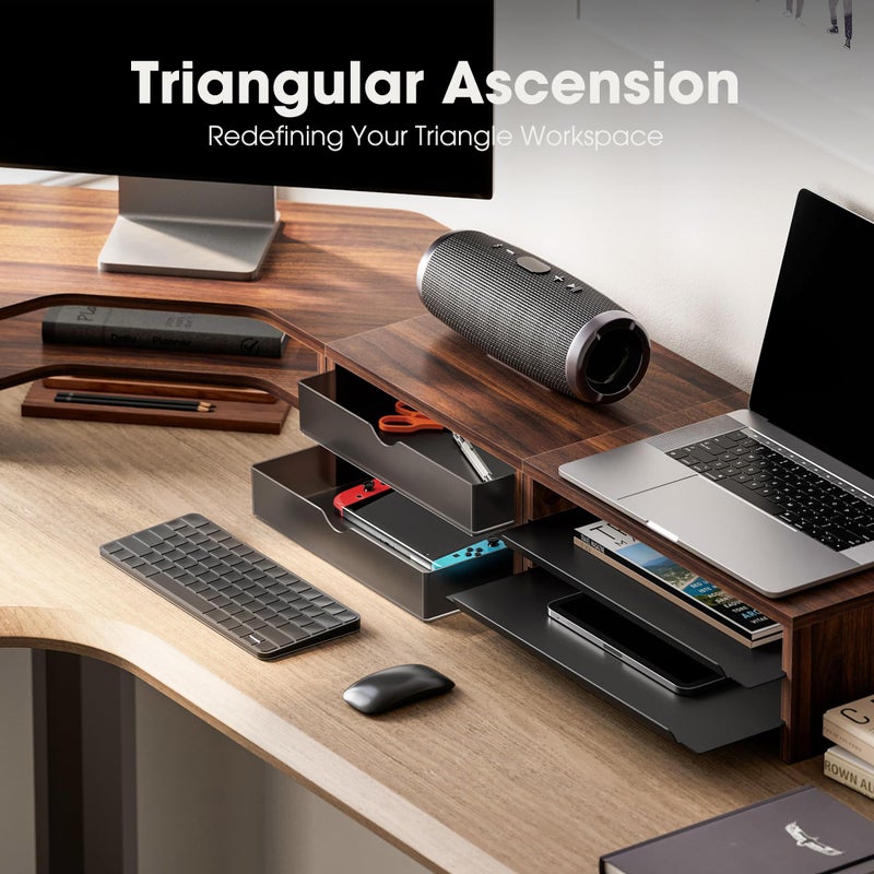 Fenge Dual Monitor Stand, Corner Monitor shelf with Drawer and Slide-Out Tray, 2 Tier Triangle Monitor Riser with Storage, Desk Shelf Organizer for Desk, Home Office, Computer, Laptop, Printer - Image 3