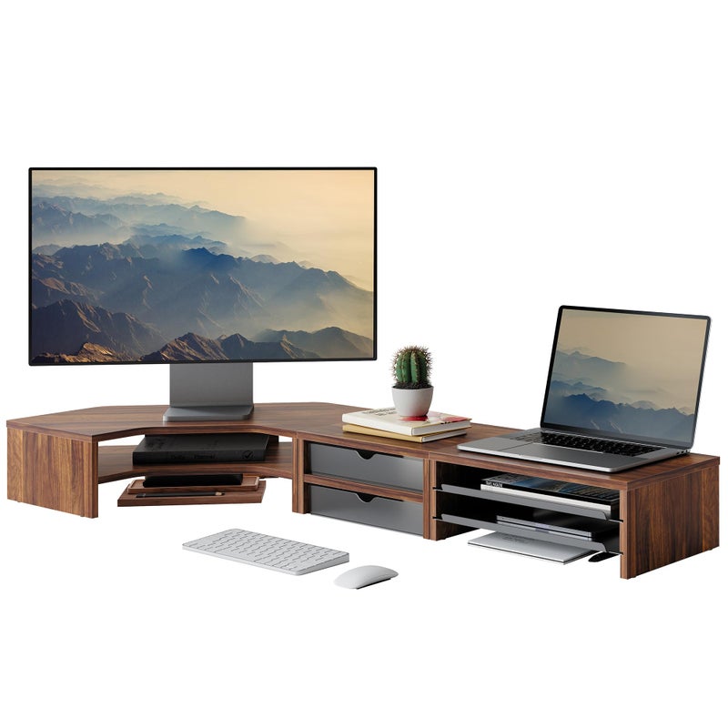 Fenge Dual Monitor Stand, Corner Monitor shelf with Drawer and Slide-Out Tray, 2 Tier Triangle Monitor Riser with Storage, Desk Shelf Organizer for Desk, Home Office, Computer, Laptop, Printer - Image 1
