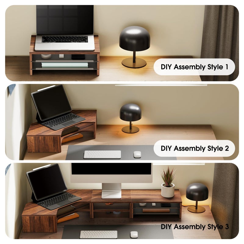 Fenge Dual Monitor Stand, Corner Monitor shelf with Drawer and Slide-Out Tray, 2 Tier Triangle Monitor Riser with Storage, Desk Shelf Organizer for Desk, Home Office, Computer, Laptop, Printer - Image 4