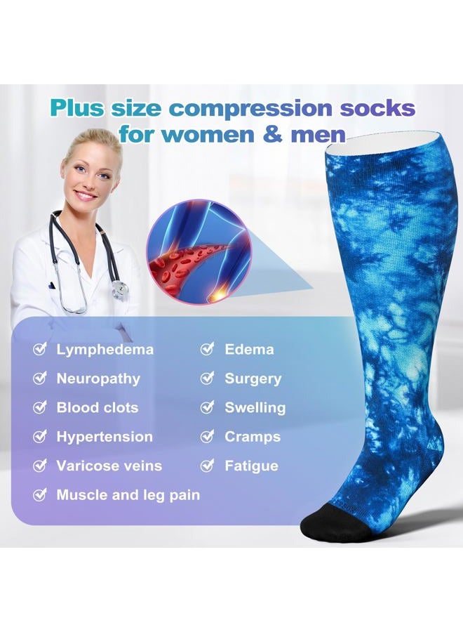 LEVSOX Plus Size Compression Socks for Women Men Wide Calf Extra Large 15-20 mmHg Knee High Sock for Nurses Pregnant Travel, 3 Pairs/Blue Mix Printing, L - Image 3