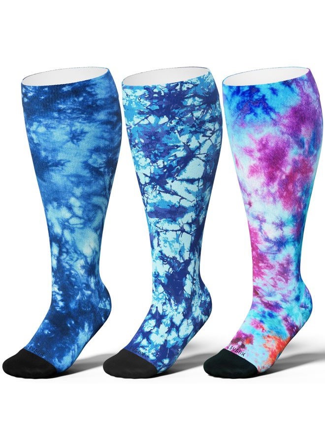 LEVSOX Plus Size Compression Socks for Women Men Wide Calf Extra Large 15-20 mmHg Knee High Sock for Nurses Pregnant Travel, 3 Pairs/Blue Mix Printing, L - Image 1