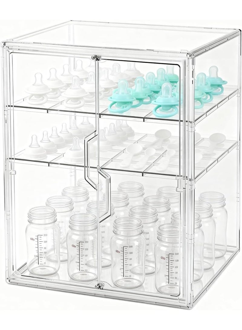 LBMT Baby Bottle Organizer,3 Tier Acrylic Bottle Storage Organizer Container, Clear Plastic Bottle Station Organizers Drawers with Double Magnetic Doors and 2 Dividers for Countertop Kitchen Vanity, Bathroom,Cabinet, Vanity - Image 1