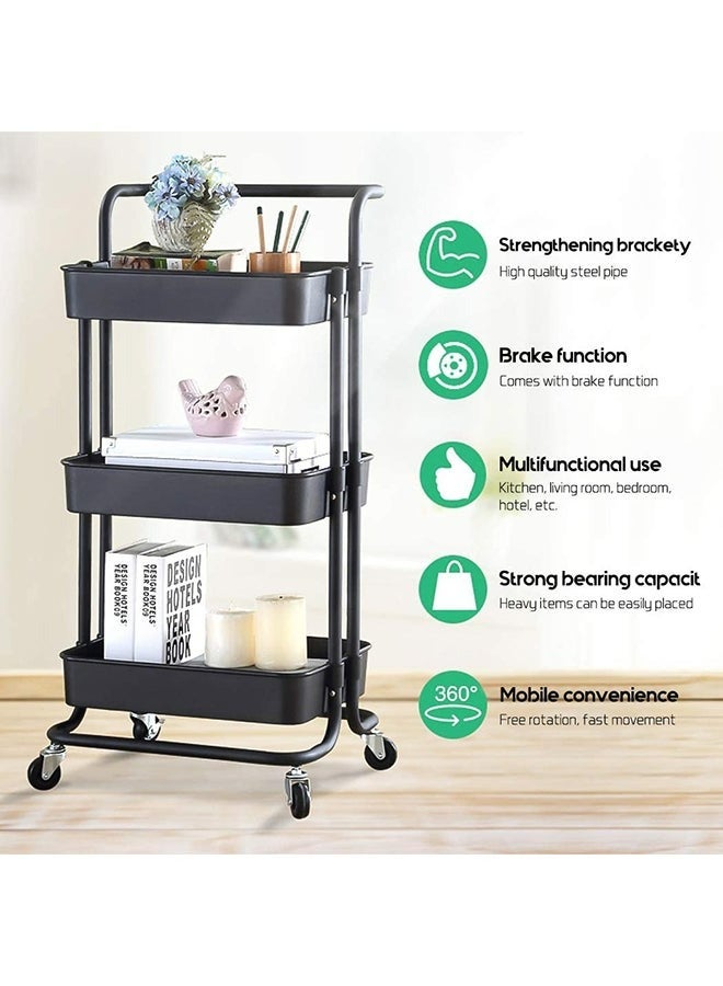 RollsTimi  3 Tier Trolley Storage Cart With Rubber Wheels Black 1*3 Tier Trolleycm - Image 1