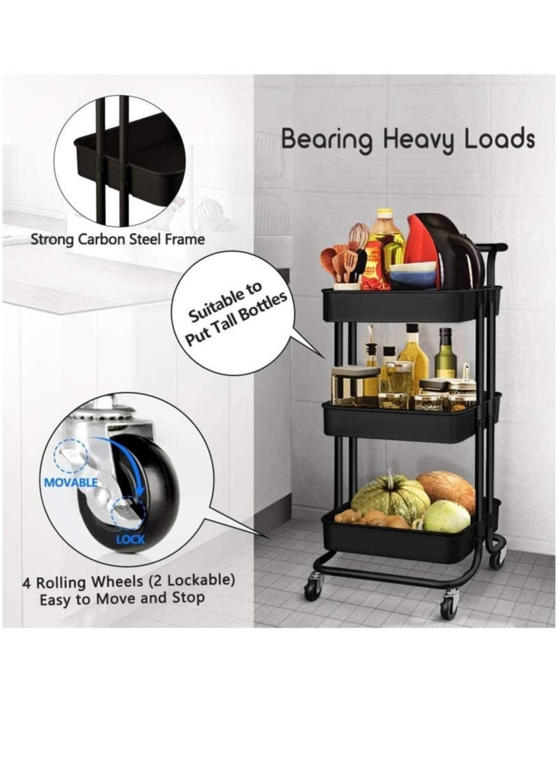 RollsTimi  3 Tier Trolley Storage Cart With Rubber Wheels Black 1*3 Tier Trolleycm - Image 4