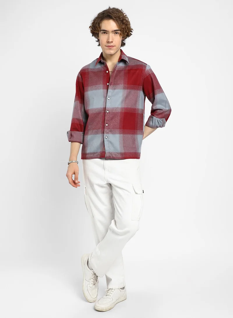 كامبوس سوترا Men's Venetian Red & Coin Grey Vignette-Checkered Oversized Shirt