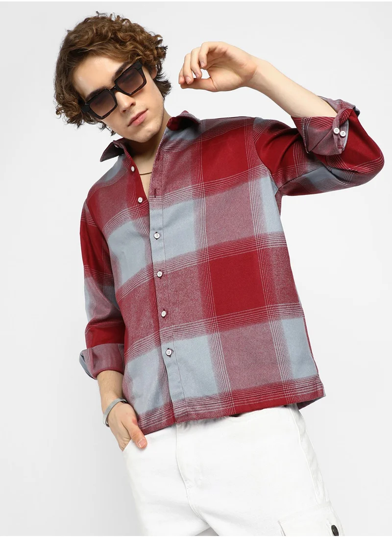 Campus Sutra Men's Venetian Red & Coin Grey Vignette-Checkered Oversized Shirt