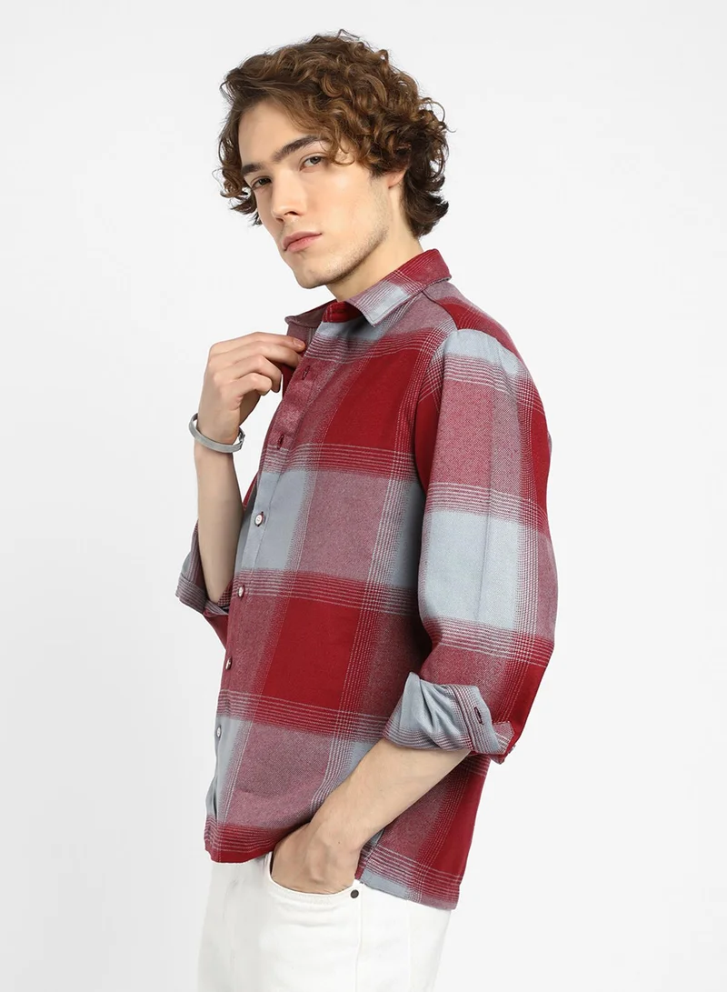 كامبوس سوترا Men's Venetian Red & Coin Grey Vignette-Checkered Oversized Shirt
