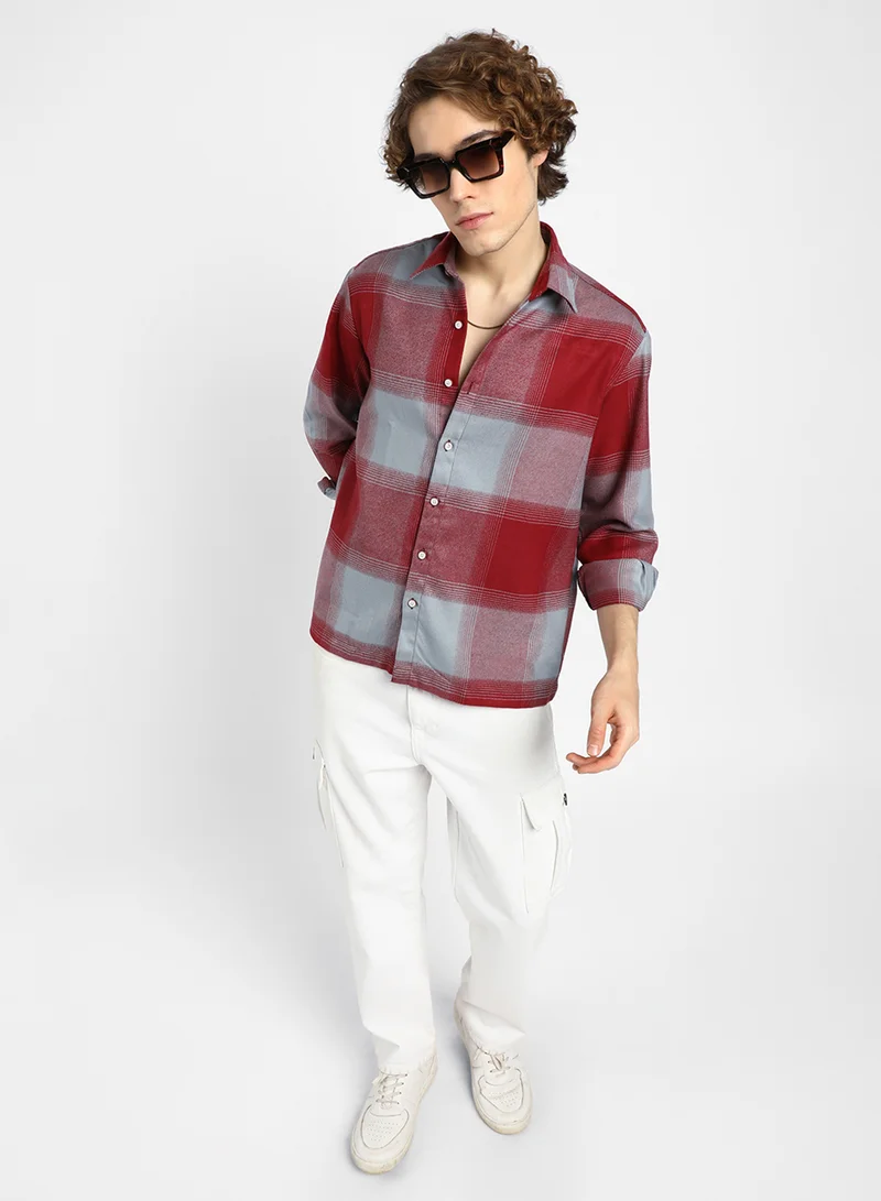 كامبوس سوترا Men's Venetian Red & Coin Grey Vignette-Checkered Oversized Shirt