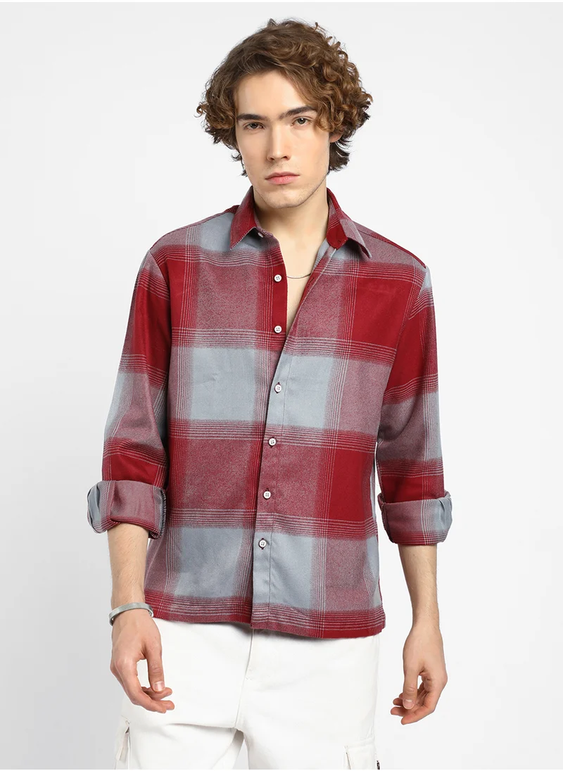 Campus Sutra Men's Venetian Red & Coin Grey Vignette-Checkered Oversized Shirt