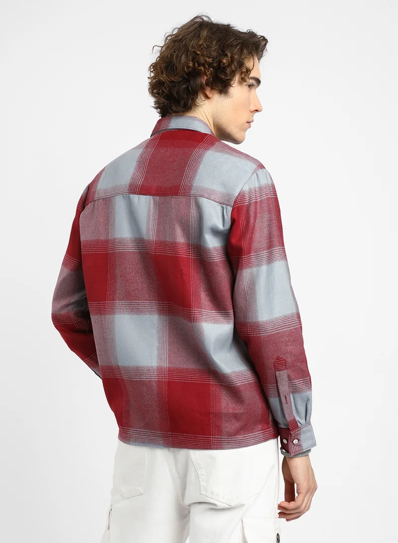 كامبوس سوترا Men's Venetian Red & Coin Grey Vignette-Checkered Oversized Shirt