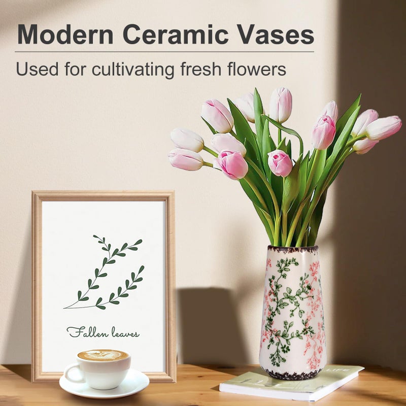 GUKJOB Ceramic Vase, GUKJOB Small Cute Flower Vase for Pampas Grass, Home, Living Room, Dining Table, Farmhouse, Office Decor, Bedroom, Table, and Kitchen Shelf (Green & Pink-A) - Image 2