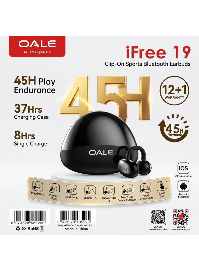 أوالي, سماعات أذن لاسلكية حقيقية OALE iFree 19 مزودة بمشبك أذن وتقنية بلوتوث، تدوم حتى 45 ساعة من التشغيل - Image 1