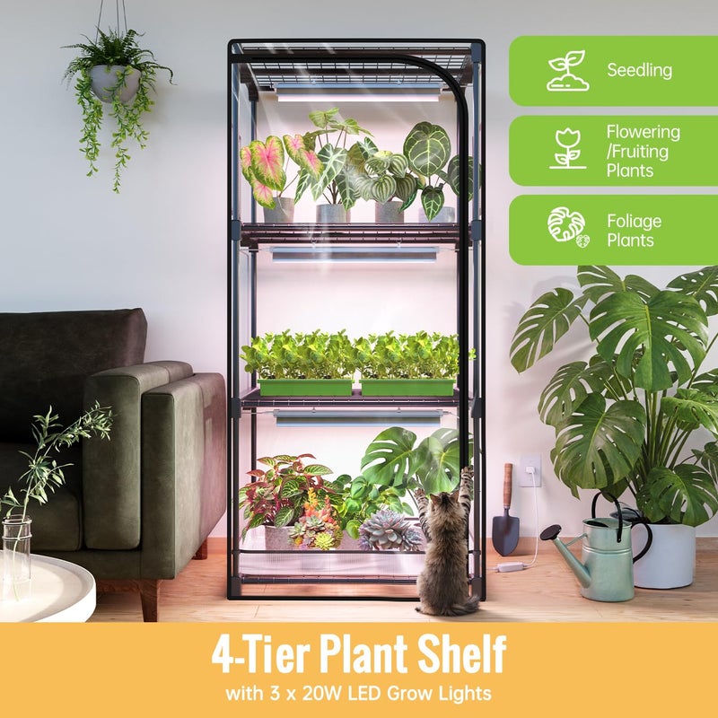 SpeePlant Indoor Greenhouse with Grow Light, 4-Tier Plant Stand with Zippered PVC Tent, Ventilation Window, Bottom Pouch, 20W Full Spectrum Plant Light with Timer for Seed Starting, 27"L x 19"W x 59"H - Image 2