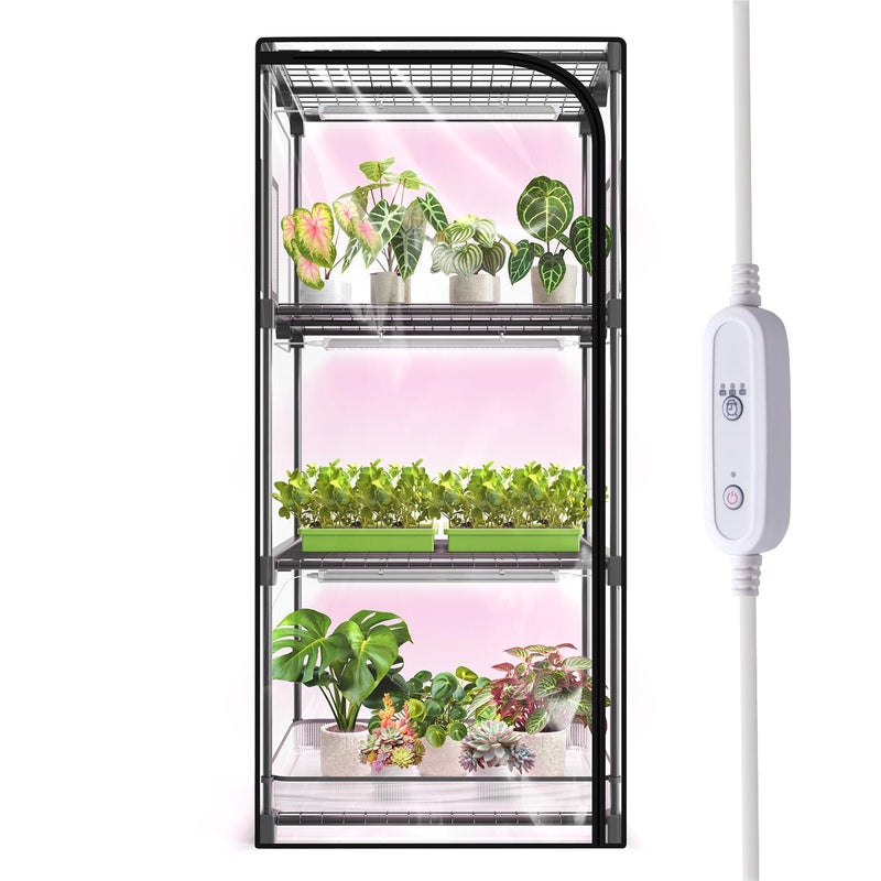 SpeePlant Indoor Greenhouse with Grow Light, 4-Tier Plant Stand with Zippered PVC Tent, Ventilation Window, Bottom Pouch, 20W Full Spectrum Plant Light with Timer for Seed Starting, 27"L x 19"W x 59"H - Image 1