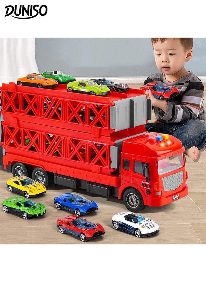 DUNISO شاحنة سباق نقل سيارات الأطفال 3 في 1 ألعاب شاحنة ناقلة للأطفال مسار سباق مزدوج وسيارة قذف شاحنة نقل سيارات سباق قابلة للطي بطبقتين 12 سيارة ومجموعة ناقلة تخزين قابلة للطي للأطفال من 3 سنوات فما فوق للأولاد والبنات - Image 1