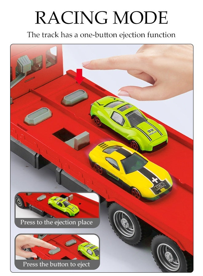 DUNISO شاحنة سباق نقل سيارات الأطفال 3 في 1 ألعاب شاحنة ناقلة للأطفال مسار سباق مزدوج وسيارة قذف شاحنة نقل سيارات سباق قابلة للطي بطبقتين 12 سيارة ومجموعة ناقلة تخزين قابلة للطي للأطفال من 3 سنوات فما فوق للأولاد والبنات - Image 5