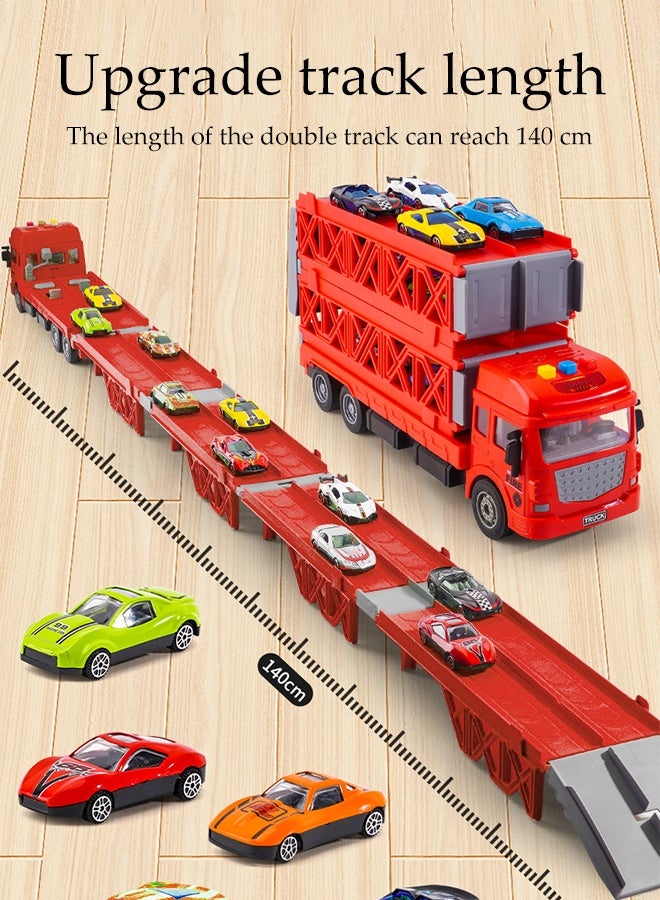 DUNISO شاحنة سباق نقل سيارات الأطفال 3 في 1 ألعاب شاحنة ناقلة للأطفال مسار سباق مزدوج وسيارة قذف شاحنة نقل سيارات سباق قابلة للطي بطبقتين 12 سيارة ومجموعة ناقلة تخزين قابلة للطي للأطفال من 3 سنوات فما فوق للأولاد والبنات - Image 3