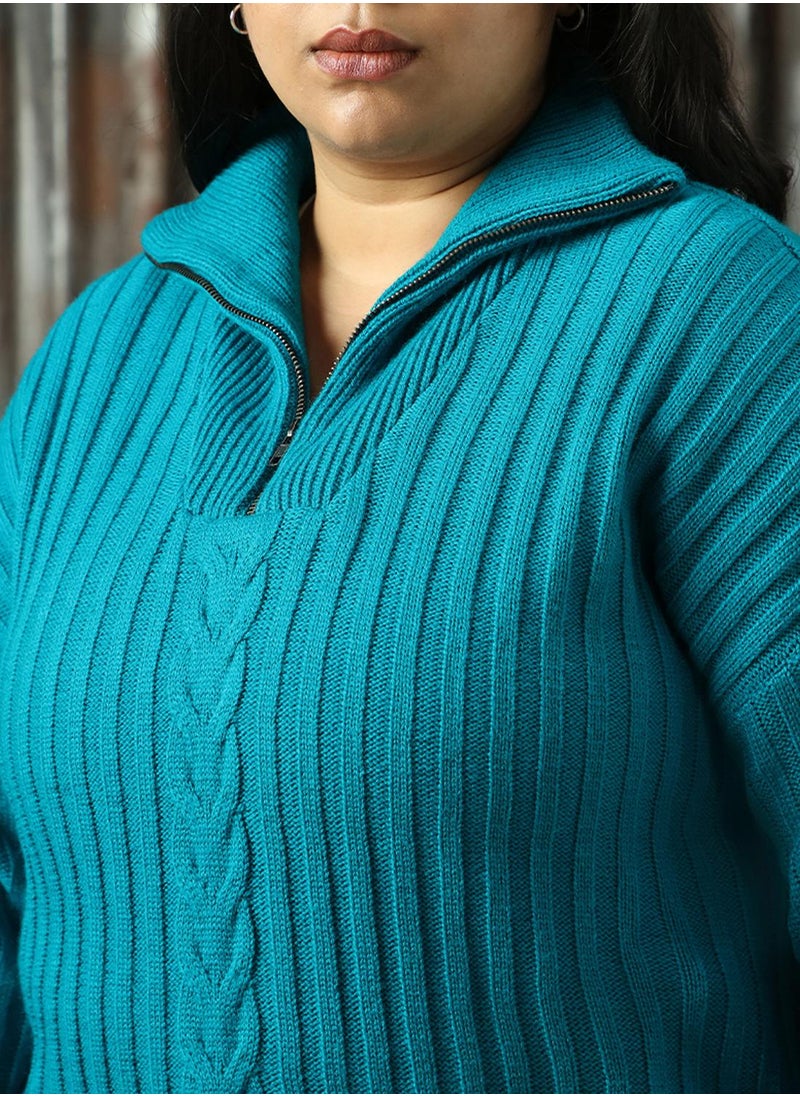 HIGH STAR Women's Teal 100% Acrylic Solid Sweater  - Image 5