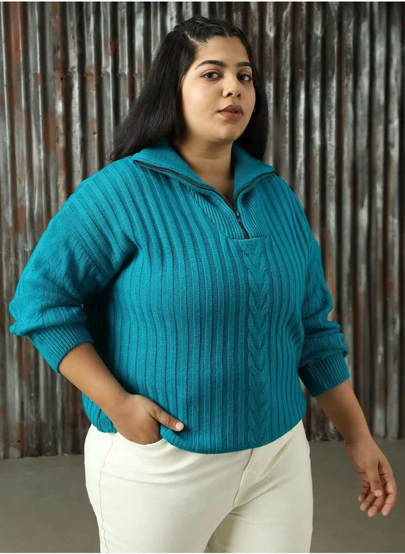 هاي ستار Women's Teal 100% Acrylic Solid Sweater