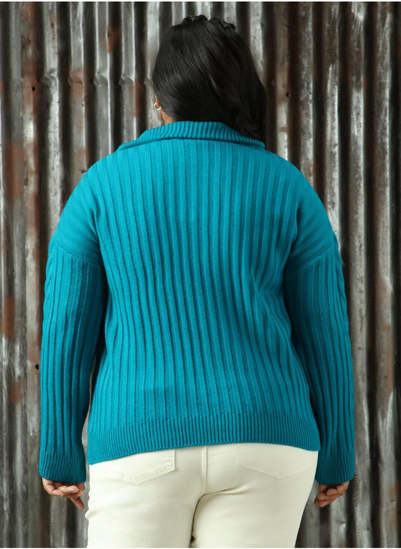 HIGH STAR Women's Teal 100% Acrylic Solid Sweater  - Image 3