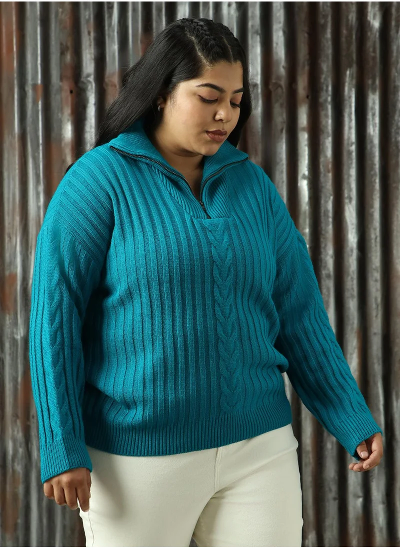 هاي ستار Women's Teal 100% Acrylic Solid Sweater