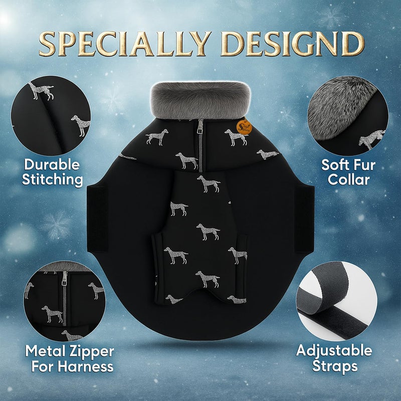 Sage Square Dog Printed Winter Coat with Soft Fur Collar | Cold Weather Windproof Jacket | Stylish Warm Outfit | Adjustable Strap, Cozy Inner Lining | Comfortable Fabric Clothing (Medium - 18 inch) - Image 3