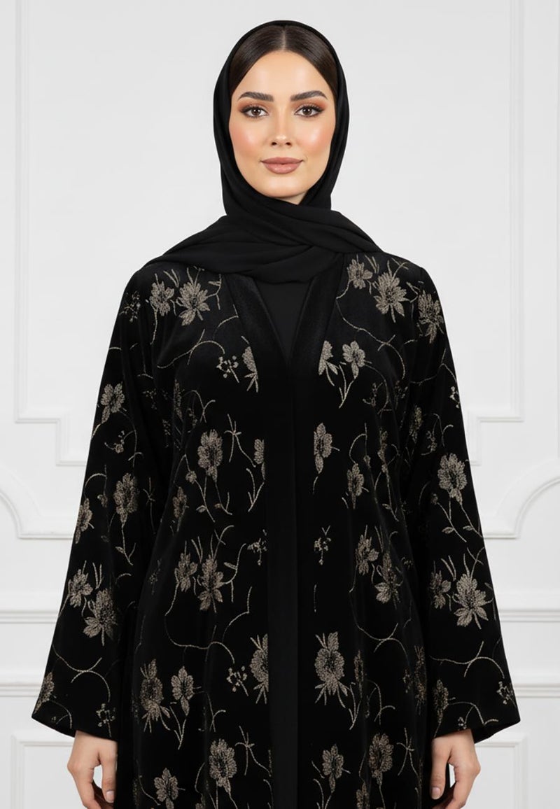 NUKHBAA عباءة مخملية مزخرفة بالزهور في منتصف الليل - أناقة خالدة - 828 - Image 2