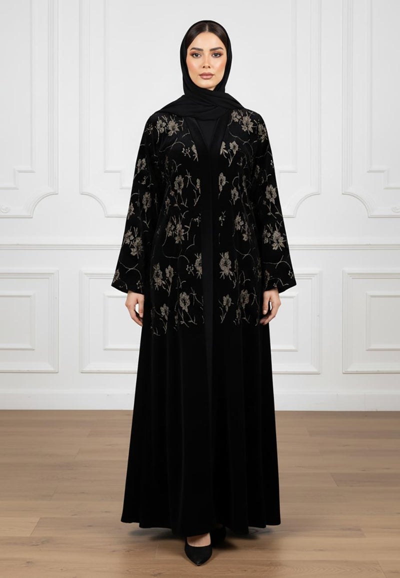 NUKHBAA عباءة مخملية مزخرفة بالزهور في منتصف الليل - أناقة خالدة - 828 - Image 1