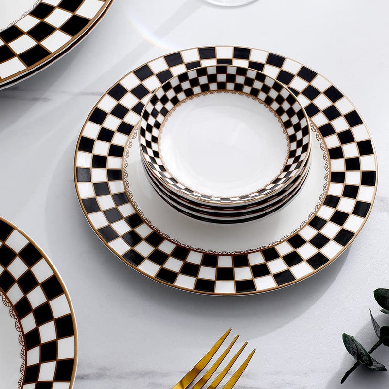 Porlien Checker Pattern 20-piece Round Dinnerware Set for 4, Porcelain Dinner Sets - Image 4