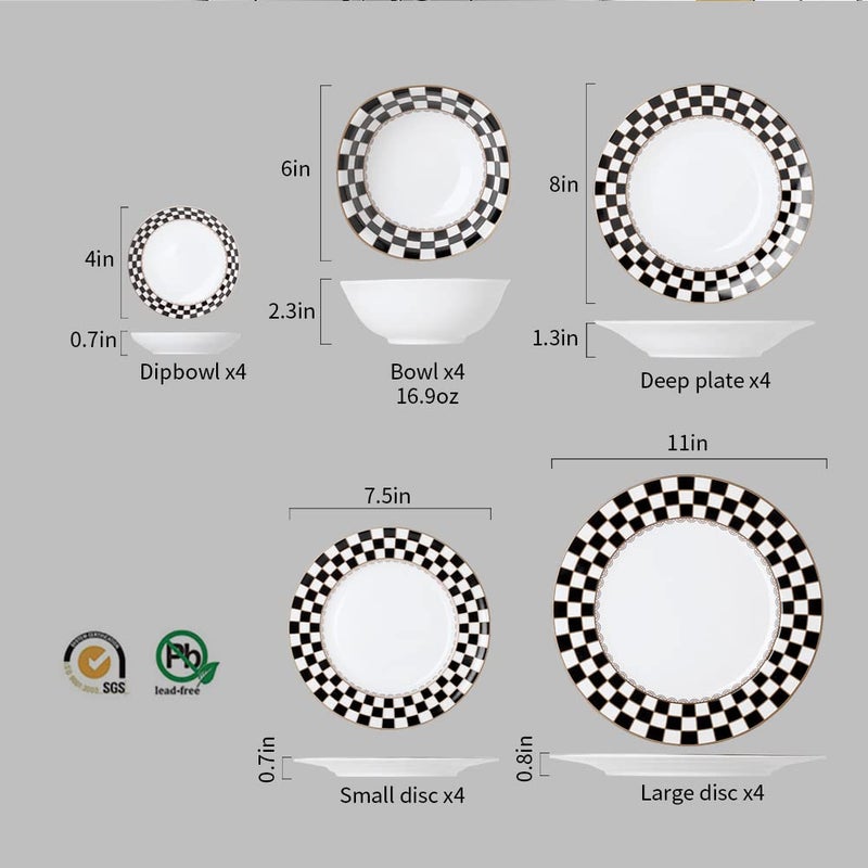 Porlien Checker Pattern 20-piece Round Dinnerware Set for 4, Porcelain Dinner Sets - Image 2