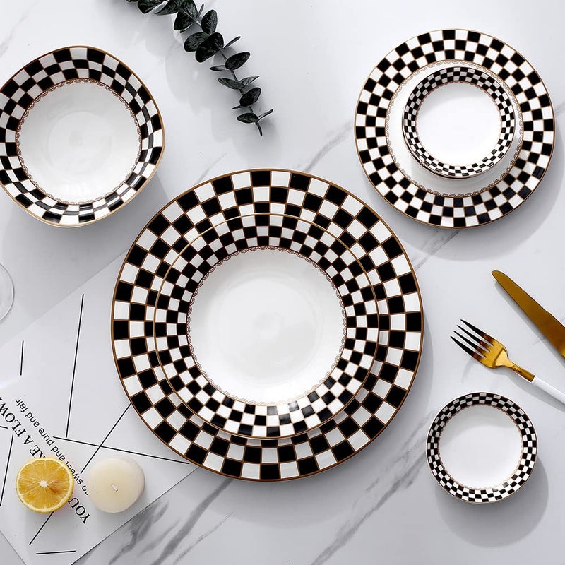 Porlien Checker Pattern 20-piece Round Dinnerware Set for 4, Porcelain Dinner Sets - Image 3