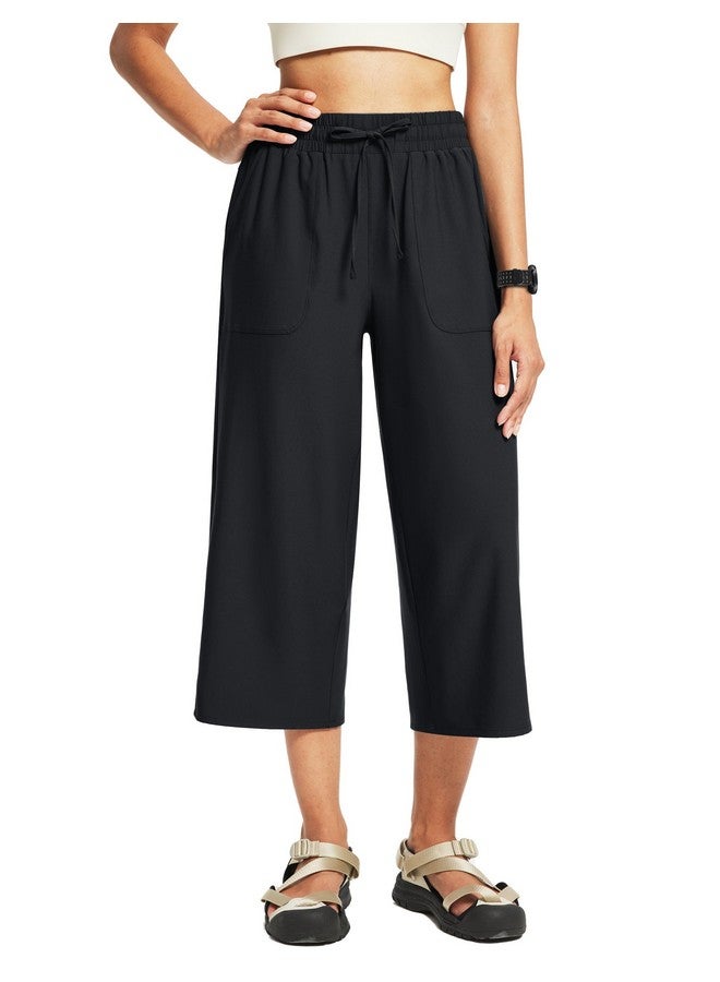 FitsT4 Sports FitsT4 Sports Women's Wide Leg Hiking Capris UPF 50+ Lightweight Quick Dry Water Resistant Cropped Pants Loose Fit Capri Pants Pockets Black M  - Image 1