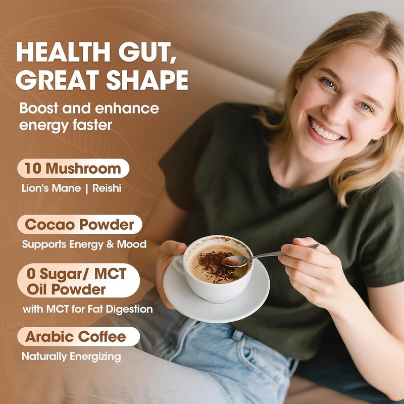 B BEWORTHS مسحوق قهوة الفطر مع زيت MCT 10 فطر مانا الأسد ذيل الديك الرومي ريشي كورديسيبس تشاجا قهوة فطر أرابيكا سريعة التحضير للتركيز المناعي صحة الأمعاء والدماغ نباتي كيتو - Image 5