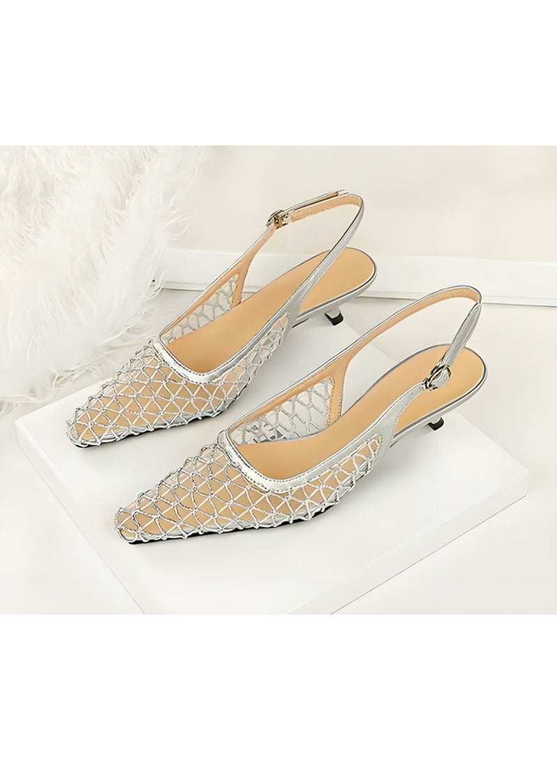 BIGTREE Women's Mesh Closed Pointed Toe Kitten Heel Pumps Slingback Low Heels Sandal Silver 3CM - Image 1