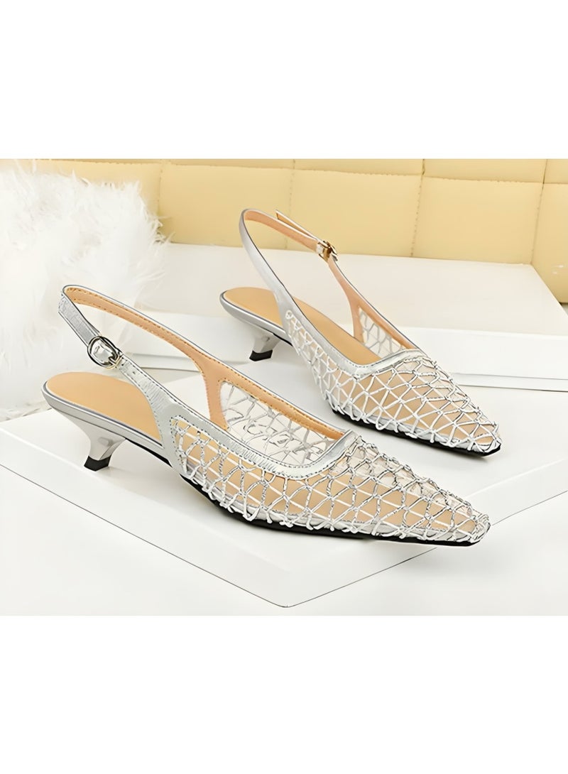 BIGTREE Women's Mesh Closed Pointed Toe Kitten Heel Pumps Slingback Low Heels Sandal Silver 3CM - Image 2